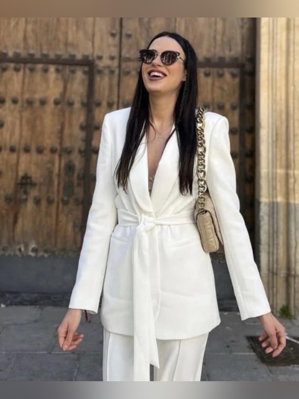 Zara BLAZER JACKET BRIGHT WHITE Shawl Tuxedo Collar SZ L tie belt STUNNING SUIT!